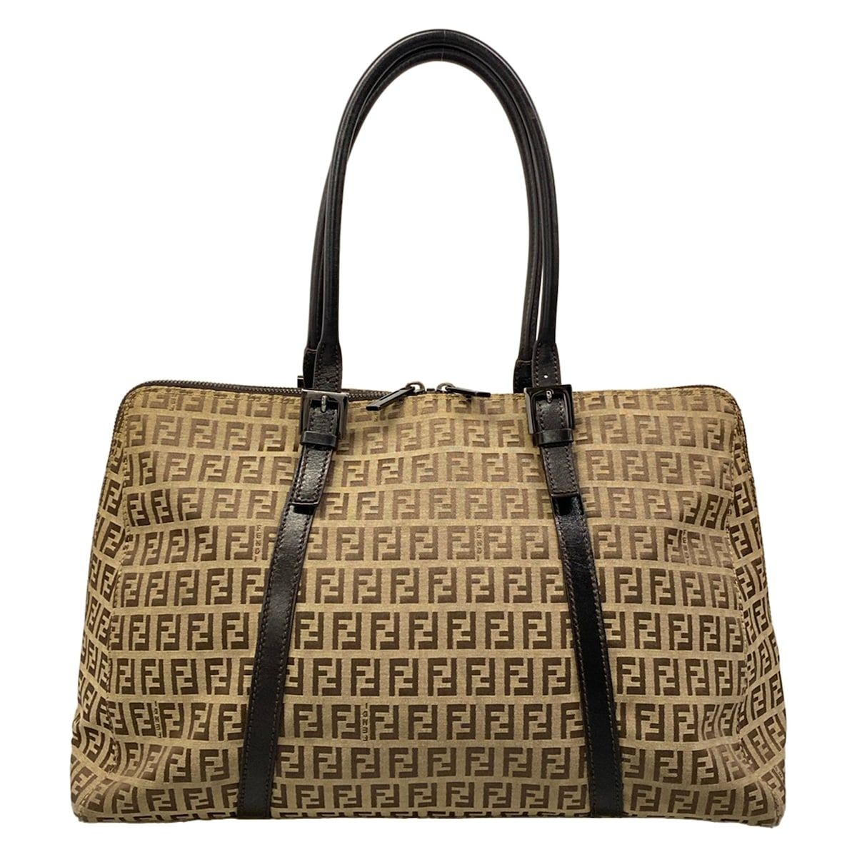 Fendi Shoulder Bag Zucchino Pattern Dark Brown Beige Leather