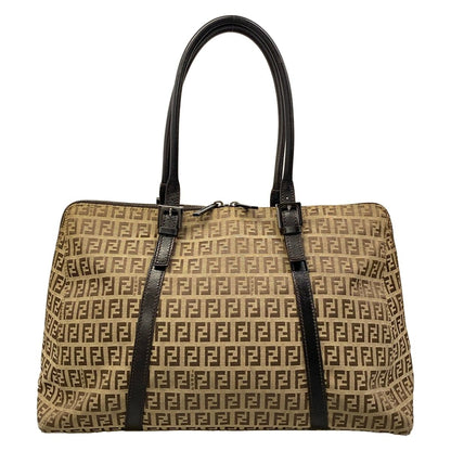 Fendi Shoulder Bag Zucchino Pattern Dark Brown Beige Leather