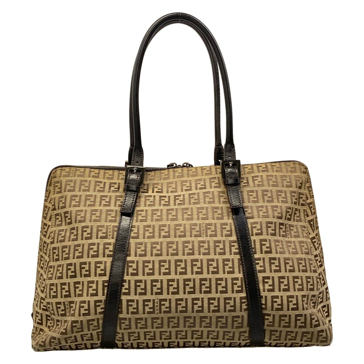 Fendi Shoulder Bag Zucchino Pattern Dark Brown Beige Leather — view 3