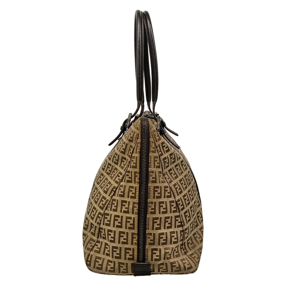 Fendi Shoulder Bag Zucchino Pattern Dark Brown Beige Leather — view 2