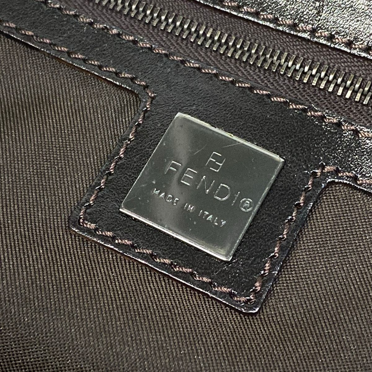 Fendi Shoulder Bag Zucchino Pattern Dark Brown Beige Leather — view 9