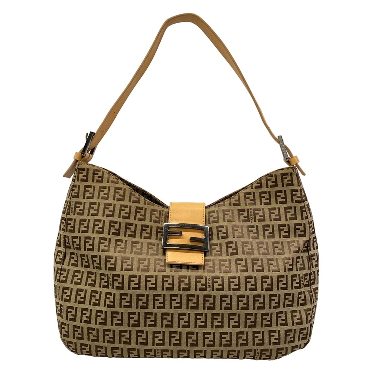 Fendi Shoulder Bag Zucca Pattern Beige Dark Brown Light Leather