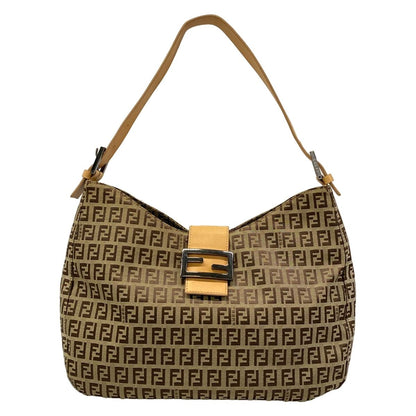 Fendi Shoulder Bag Zucca Pattern Beige Dark Brown Light Leather