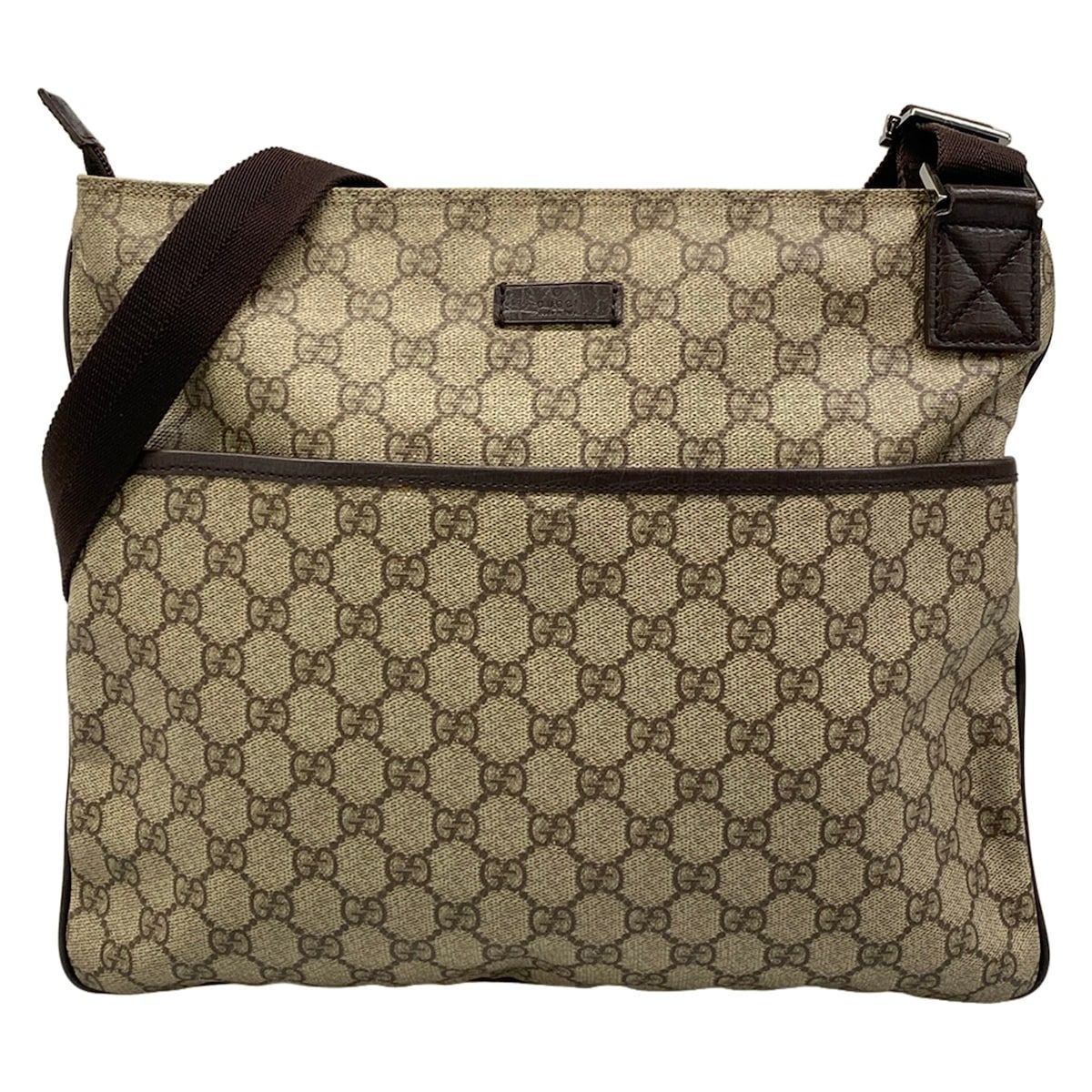 Gucci Shoulder Bag GG Plus Supreme Beige Dark Brown Leather