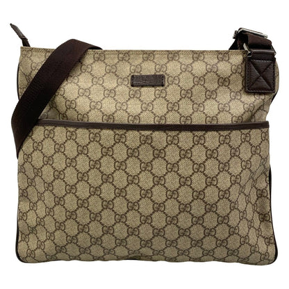 Gucci Shoulder Bag GG Plus Supreme Beige Dark Brown Leather
