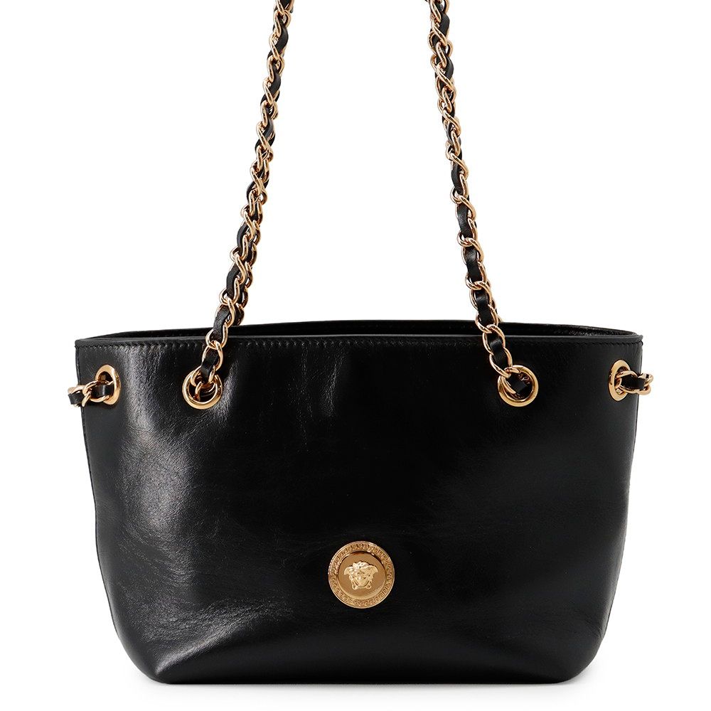 Versace Chain Shoulder Bag Medusa Small Tote Leather Black 2-Way