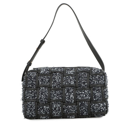 Bottega Veneta Shoulder Bag Brick Cassette Maxi Intrecciato Tweed Leather Black