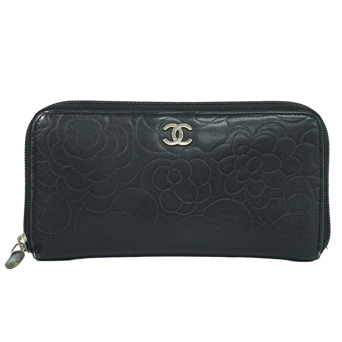 Chanel CC Logo Camelia Zip Around Wallet Leather Black
