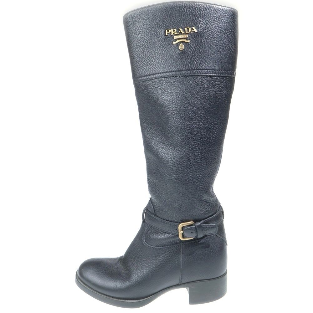 Prada Logo Long Boots Black Leather