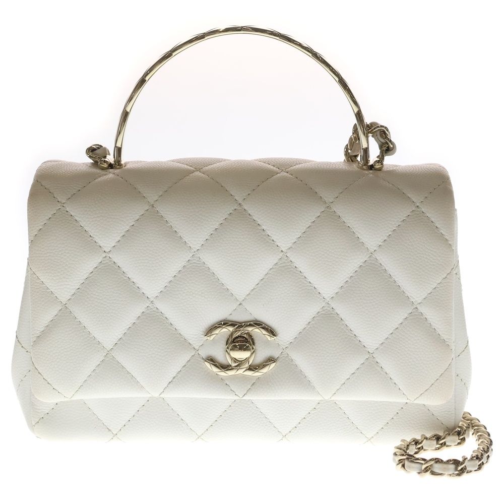 Chanel Quilted Coco Handle 18 2-Way Shoulder Bag Chain White Caviar Leather Gold