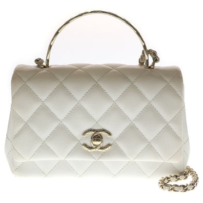 Chanel Quilted Coco Handle 18 2-Way Shoulder Bag Chain White Caviar Leather Gold