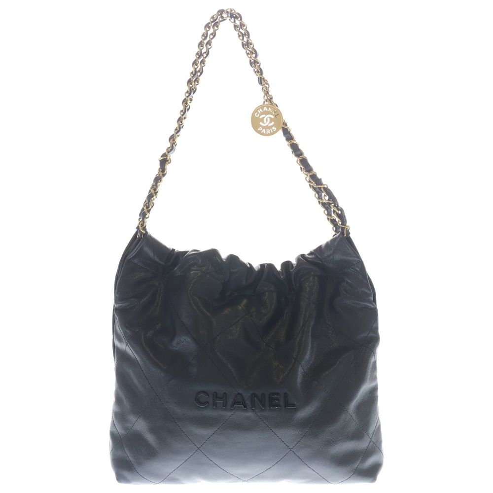 Chanel 22 Small Caviar Leather Chain Shoulder Bag Gold Black Plate