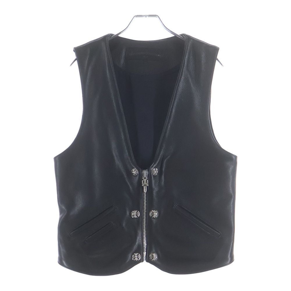 Chrome Hearts Zip Frnt Vest Back Large Cross Decoration Ball Button Leather
