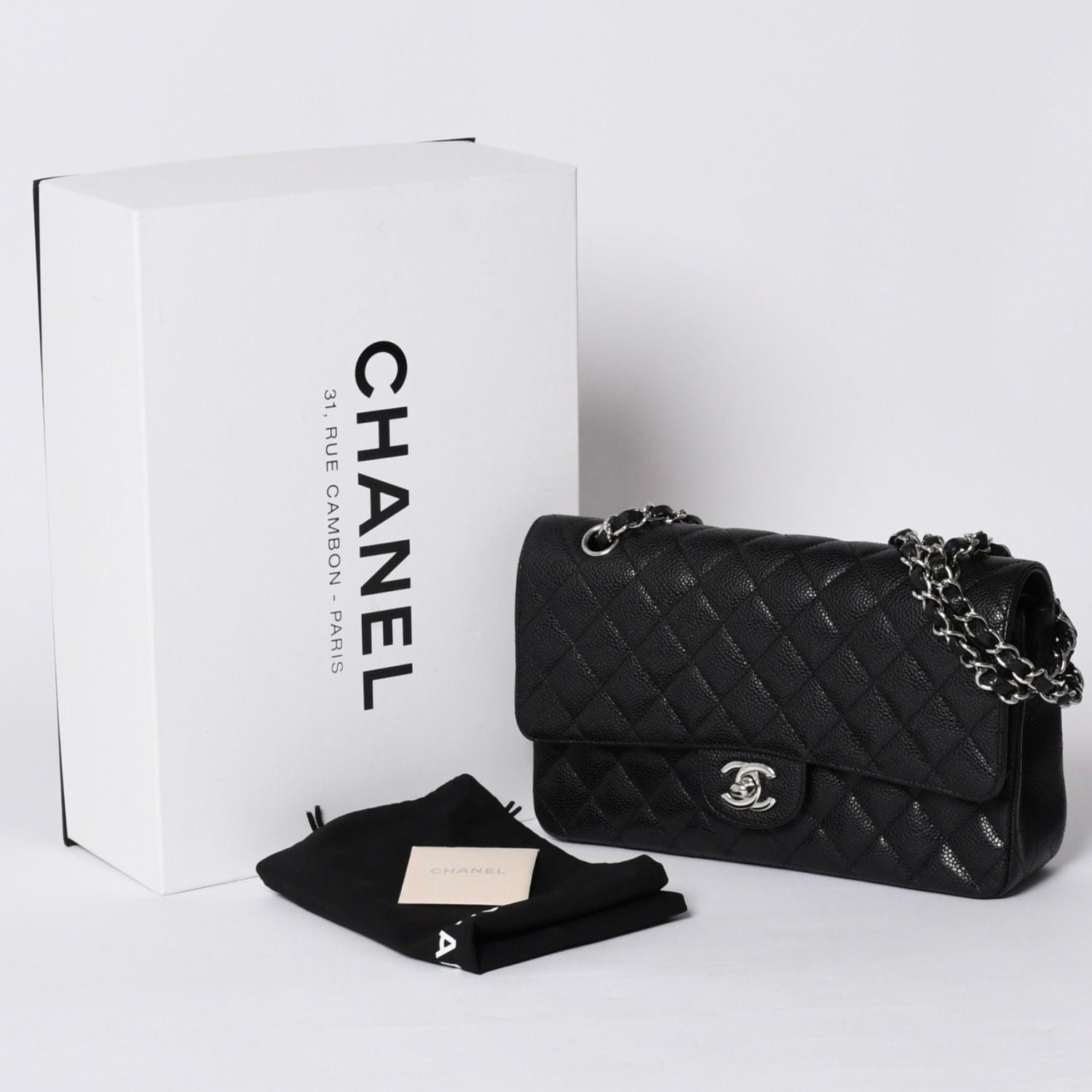 Chanel Quilted 25 Double Flap Chain Shoulder Bag Caviar Leather Silver