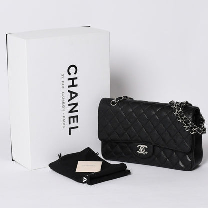 Chanel Quilted 25 Double Flap Chain Shoulder Bag Caviar Leather Silver