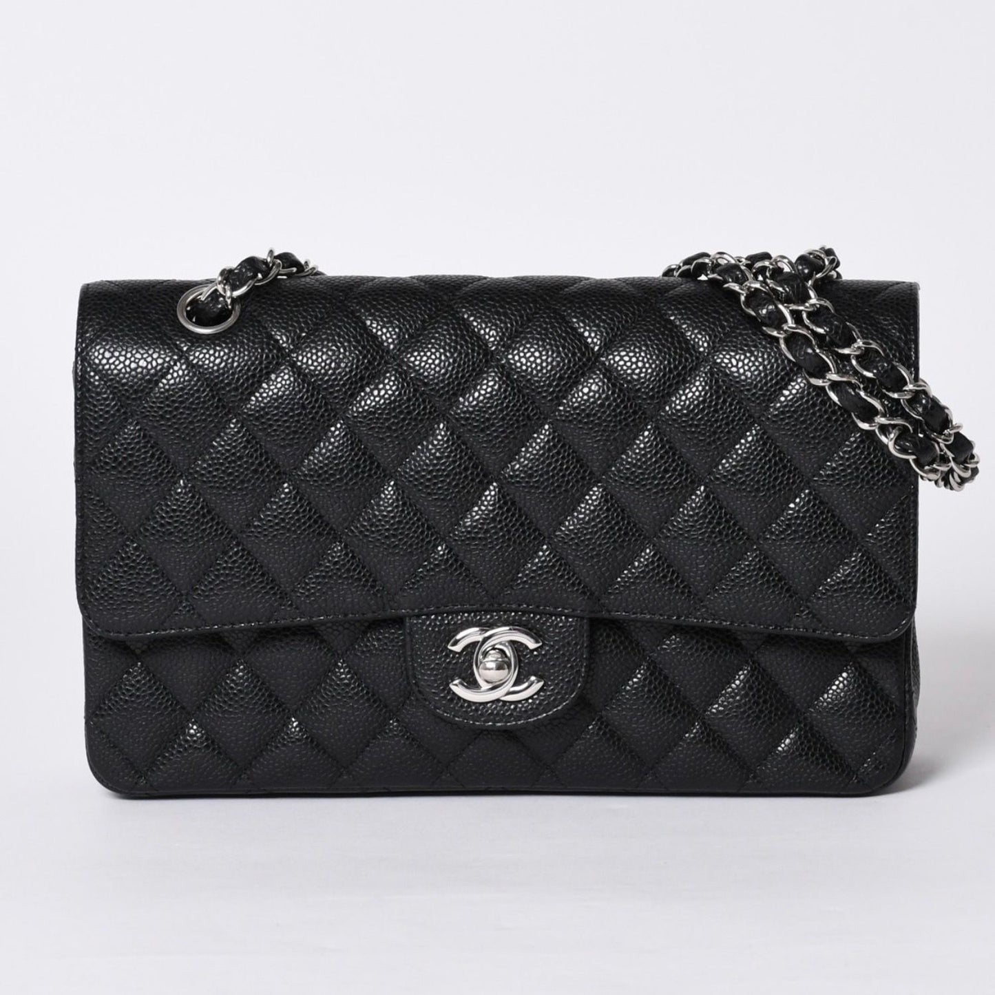 Chanel Quilted 25 Double Flap Chain Shoulder Bag Caviar Leather Silver — view 2