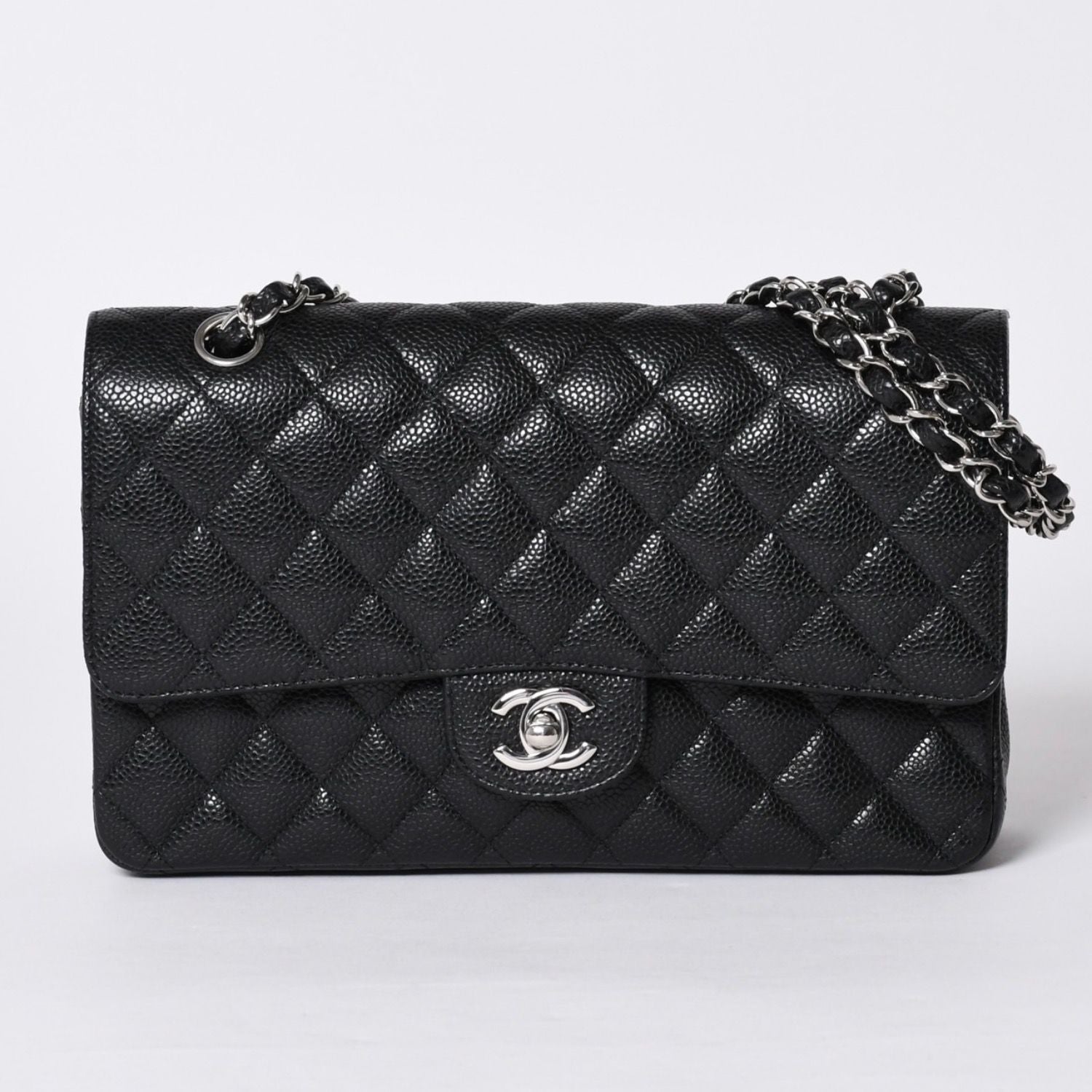 Chanel Quilted 25 Double Flap Chain Shoulder Bag Caviar Leather Silver — view 2