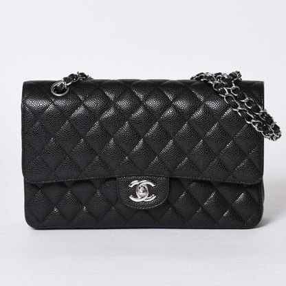 Chanel Quilted 25 Double Flap Chain Shoulder Bag Caviar Leather Silver — view 2