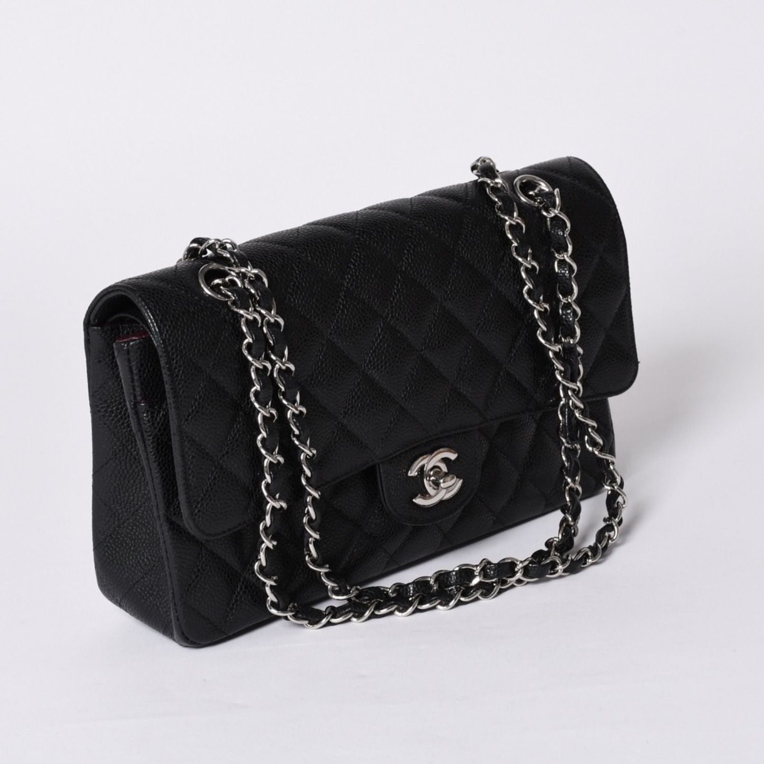 Chanel Quilted 25 Double Flap Chain Shoulder Bag Caviar Leather Silver — view 4