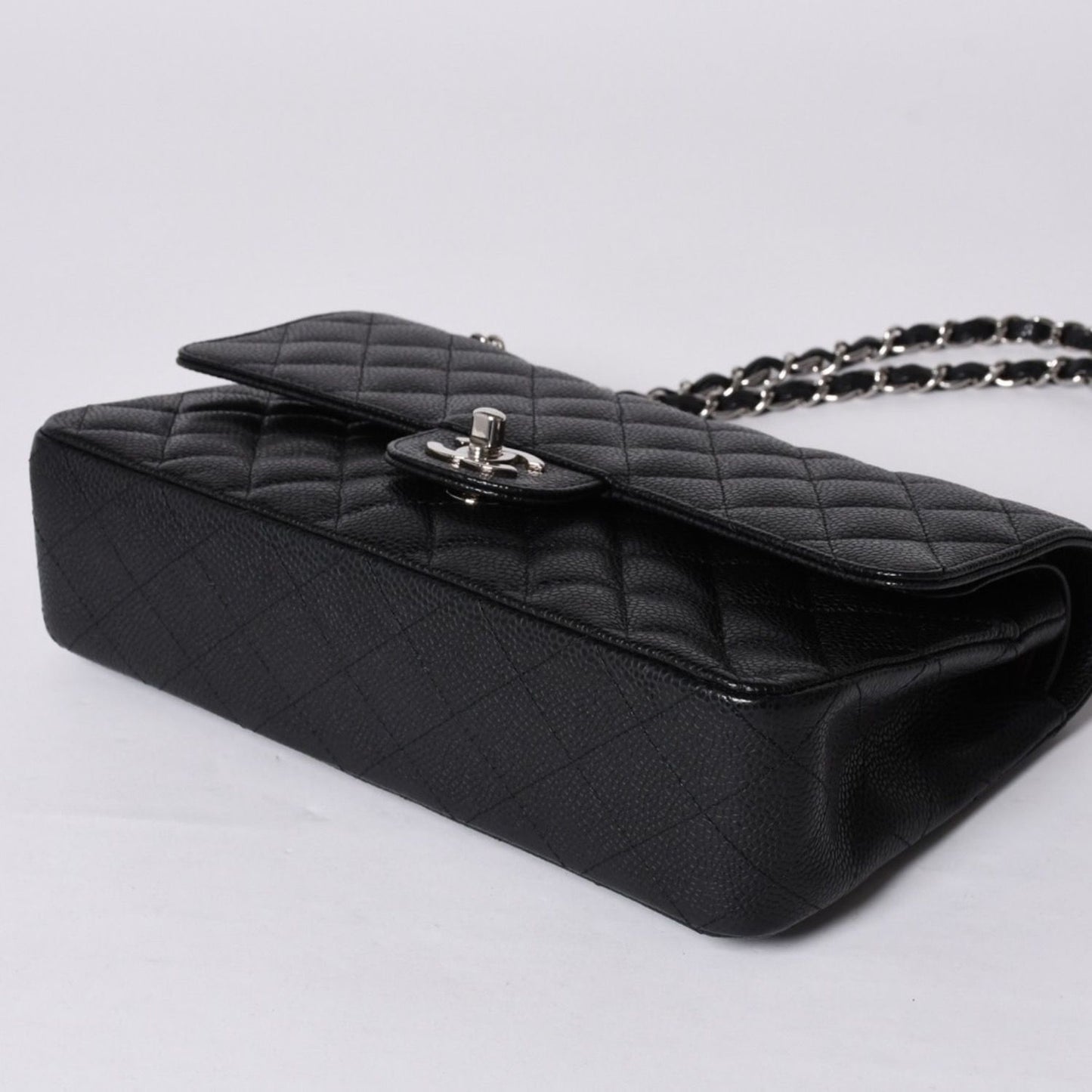 Chanel Quilted 25 Double Flap Chain Shoulder Bag Caviar Leather Silver — view 7