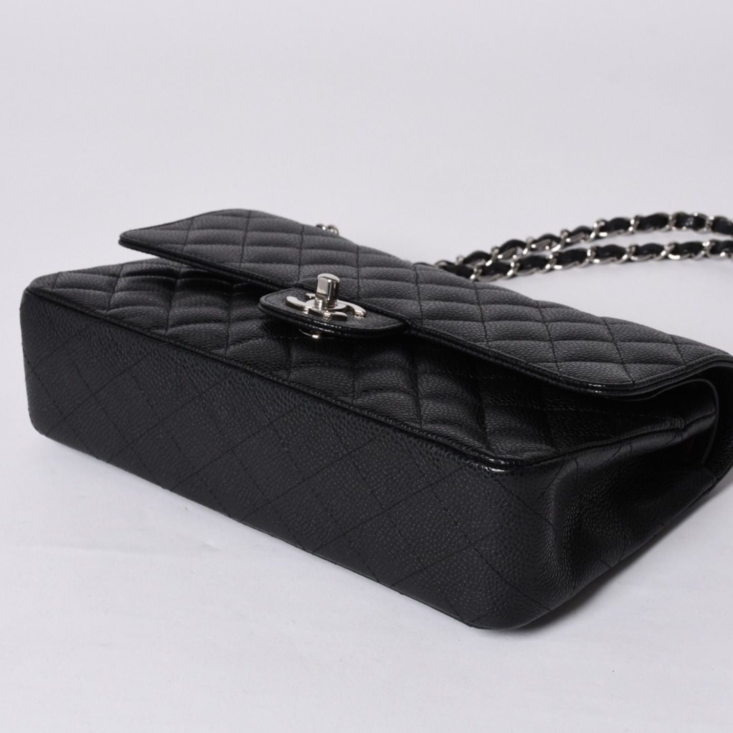 Chanel Quilted 25 Double Flap Chain Shoulder Bag Caviar Leather Silver — view 7