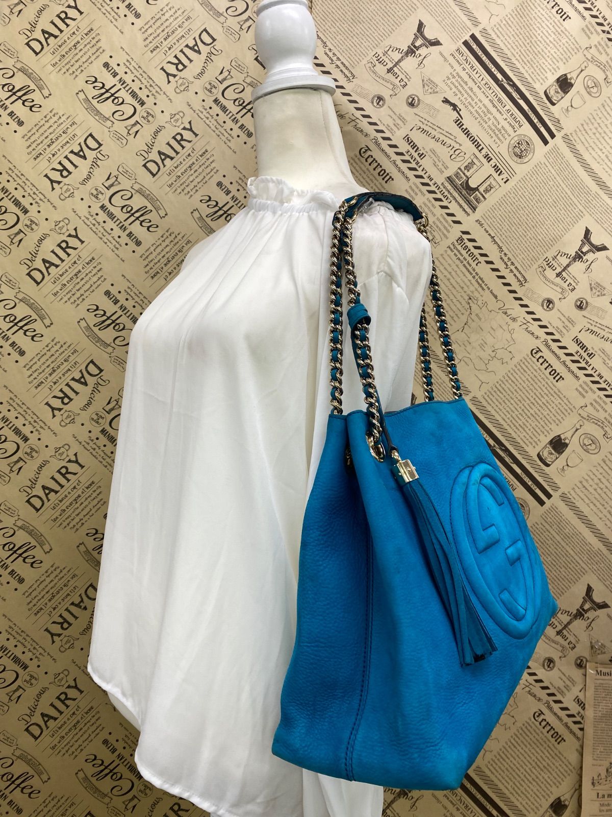 Gucci Soho Chain Tote Shoulder Bag Turquoise Blue — view 3