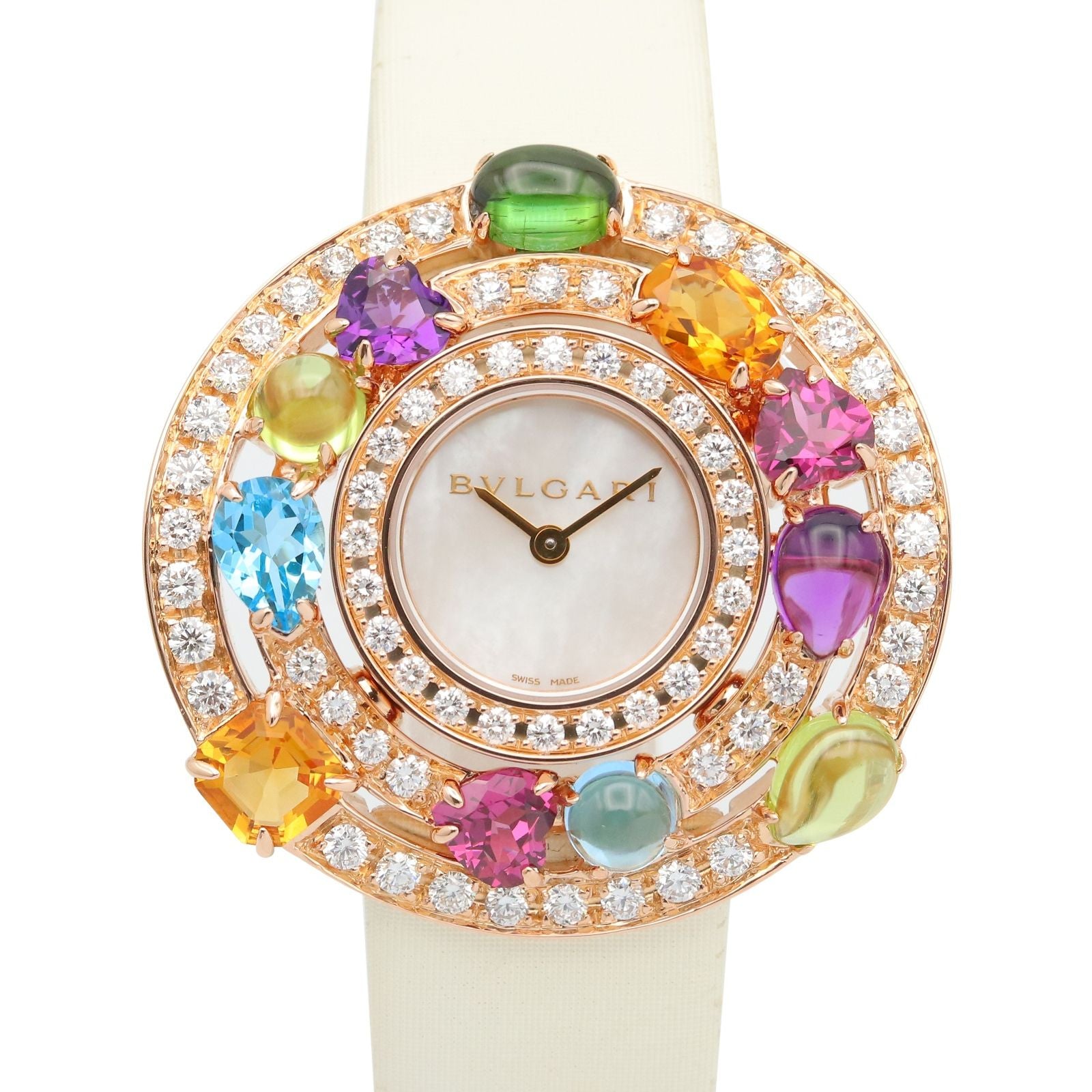 Bvlgari Watch Astra le Cerchi Diamond & Color Stone White Shell 18k Pink Gold