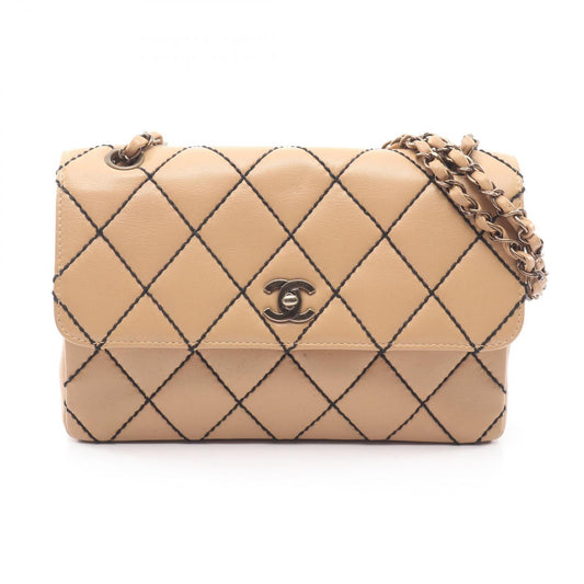 Chanel Shoulder Bag Wild Stitch Antique Gold Beige Leather Chain