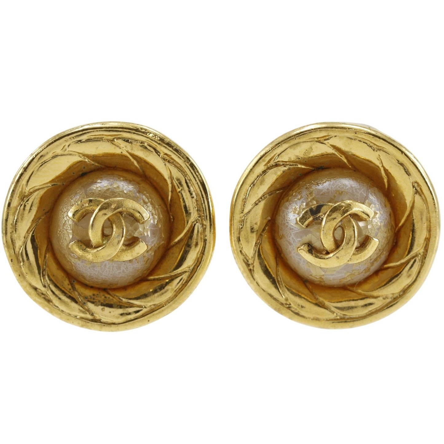 Chanel CC Logo Vintage Gold Plated Faux Pearl Earrings