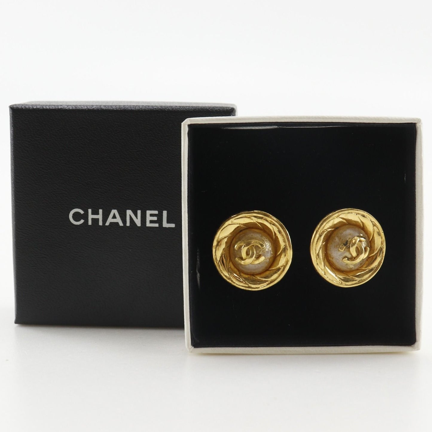Chanel CC Logo Vintage Gold Plated Faux Pearl Earrings — view 8