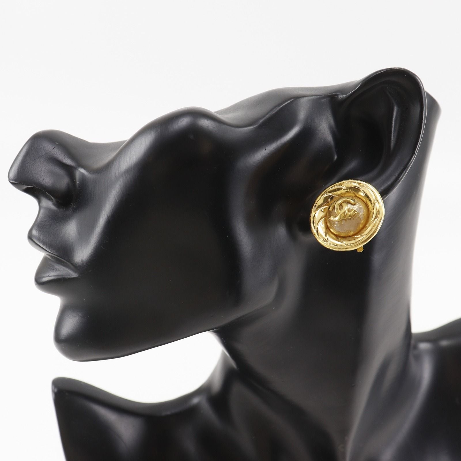 Chanel CC Logo Vintage Gold Plated Faux Pearl Earrings — view 2