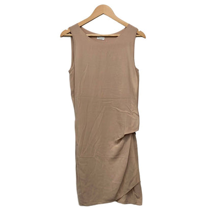 Brunello Cucinelli Dress L Beige Dark Brown Sleeveless Long Silk Leather