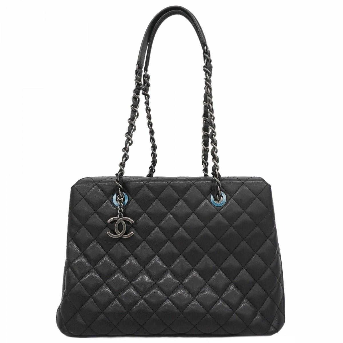Chanel Chain Tote Quilted Caviar Leather Black Silver