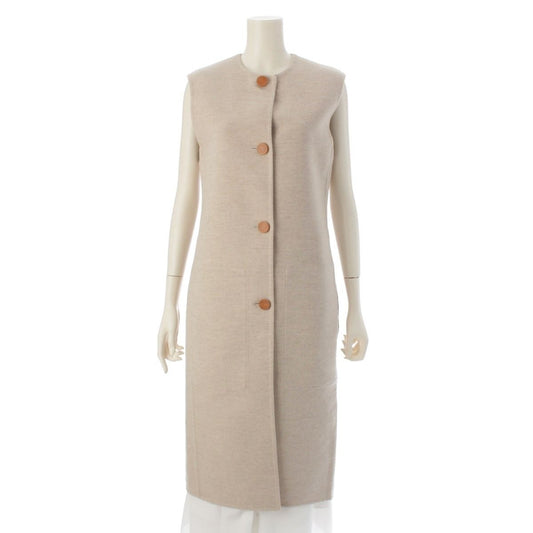 Hermes Cashmere Series Button Logo Long Gilet Coat Vest Beige 34