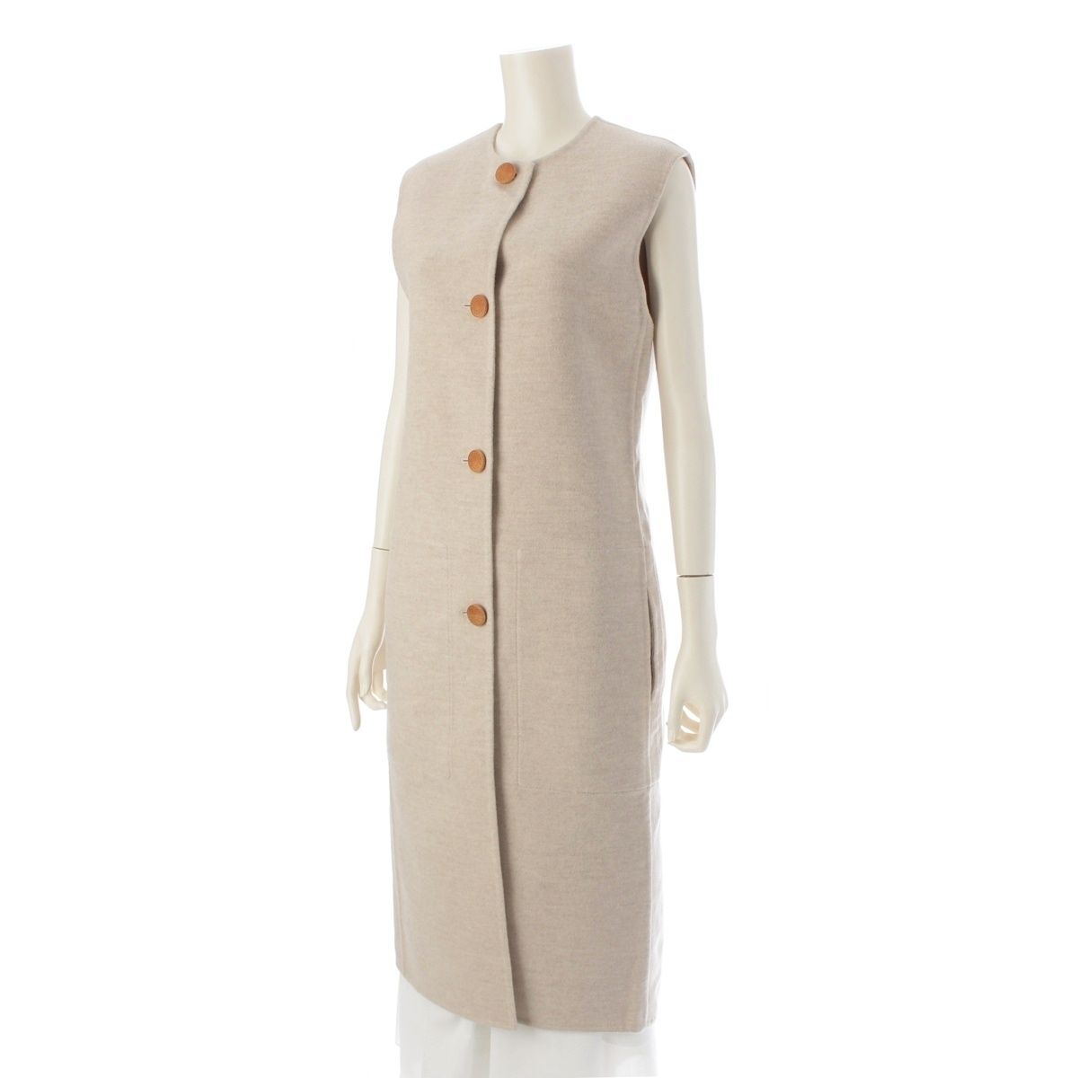 Hermes Cashmere Series Button Logo Long Gilet Coat Vest Beige 34 — view 2