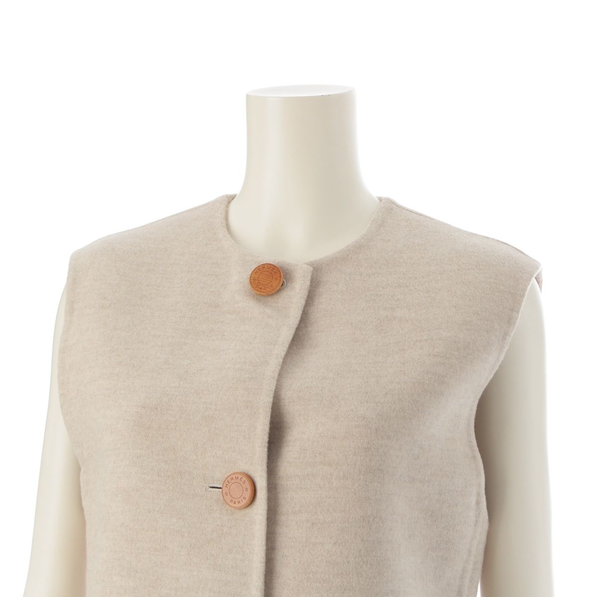 Hermes Cashmere Series Button Logo Long Gilet Coat Vest Beige 34 — view 5