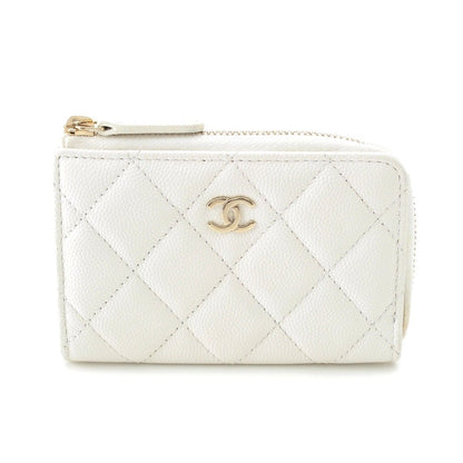 Chanel Caviar Leather CC Logo Champagne Gold Compact Wallet Coin Case White