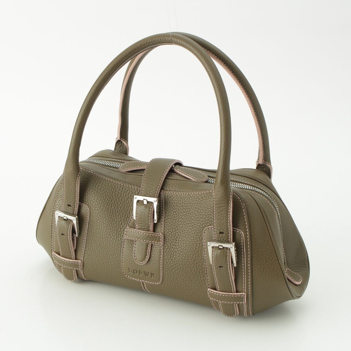 Loewe Senda Leather Logo Belt Handbag Khaki Pink — view 2