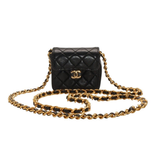 Chanel Micro Quilted Chain Shoulder Bag CC Logo Lambskin Black Gold