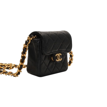 Chanel Micro Quilted Chain Shoulder Bag CC Logo Lambskin Black Gold — view 3