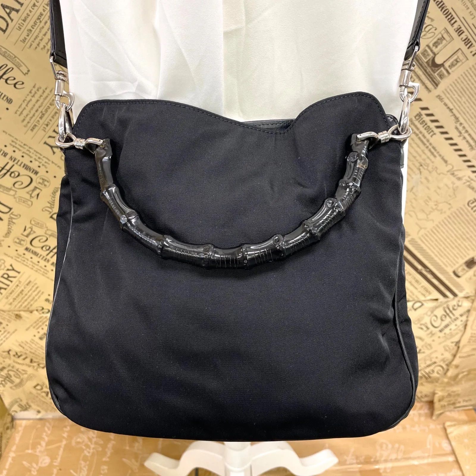Gucci Handbag Shoulder Nylon Black Bamboo Travel