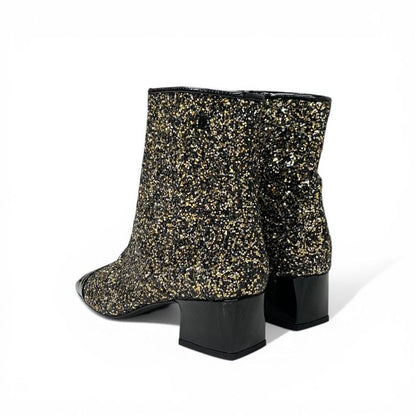 Chanel Boots Short Shoes Glitter Patent Black Gold Silver CC Logo — view 4