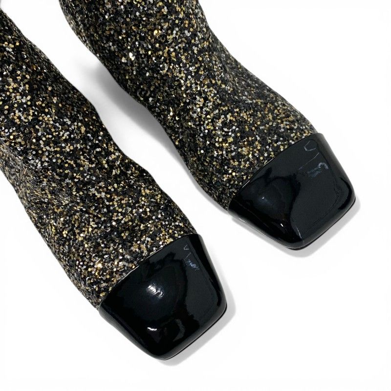 Chanel Boots Short Shoes Glitter Patent Black Gold Silver CC Logo — view 9