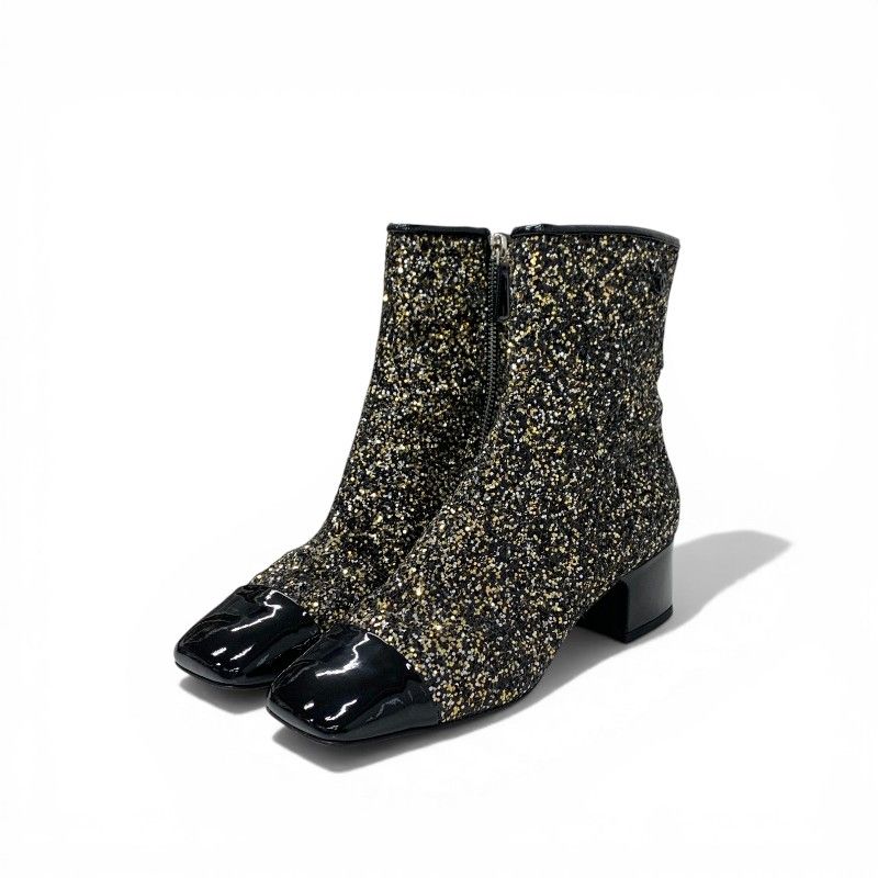 Chanel Boots Short Shoes Glitter Patent Black Gold Silver CC Logo