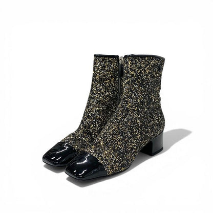 Chanel Boots Short Shoes Glitter Patent Black Gold Silver CC Logo