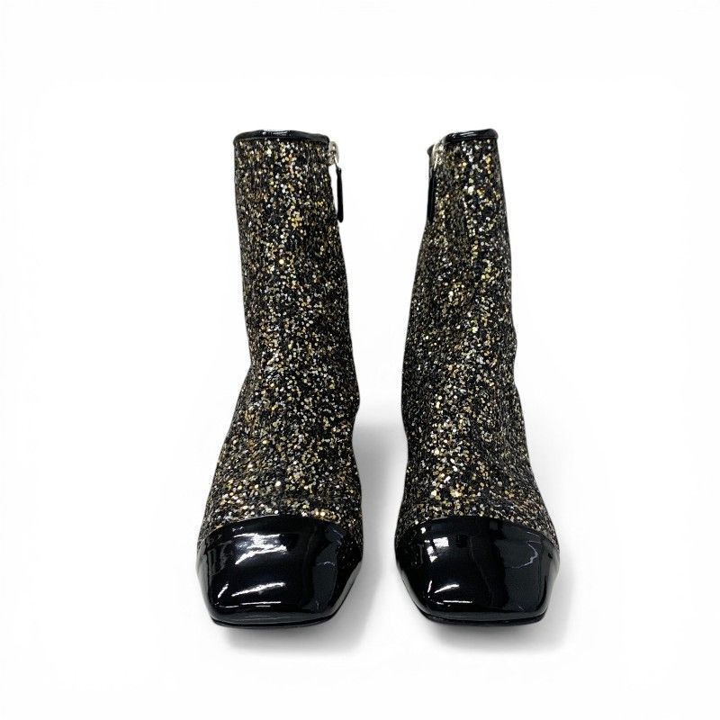 Chanel Boots Short Shoes Glitter Patent Black Gold Silver CC Logo — view 2