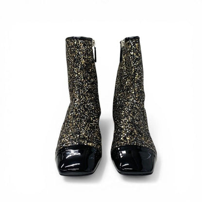 Chanel Boots Short Shoes Glitter Patent Black Gold Silver CC Logo — view 2