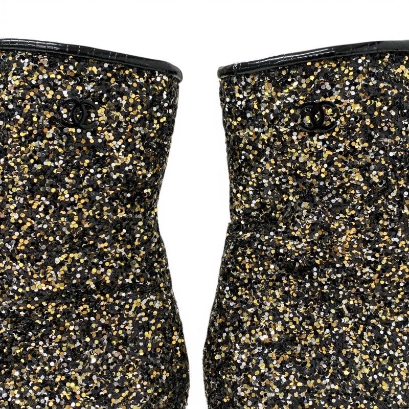 Chanel Boots Short Shoes Glitter Patent Black Gold Silver CC Logo — view 8