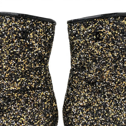 Chanel Boots Short Shoes Glitter Patent Black Gold Silver CC Logo — view 8