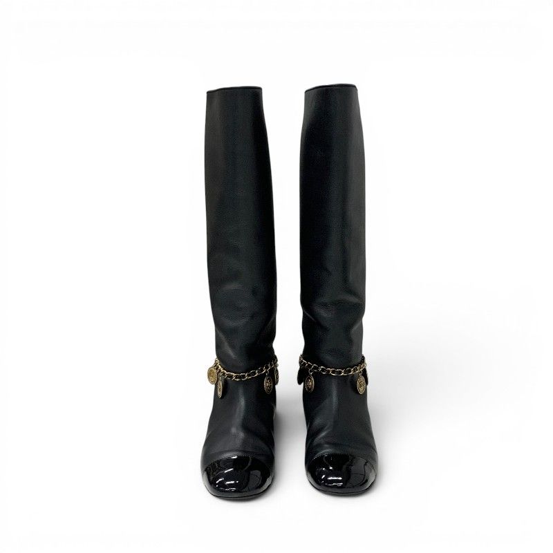Chanel Boots Long Shoes Leather Black Gold CC Logo Chain Coin Charm — view 2